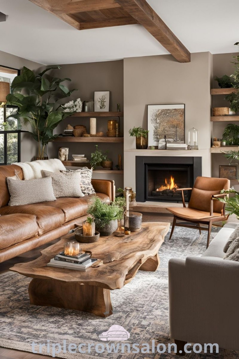 A cozy brown living room featuring a modern cozy lounge with traditional decor elements and earth tones, providing inspiring ideas for your home. This inviting space blends comfort with style, showcasing unique cozy ideas and decor inspirations for small spaces. Find more decor ideas at triplecrownsalon.com.