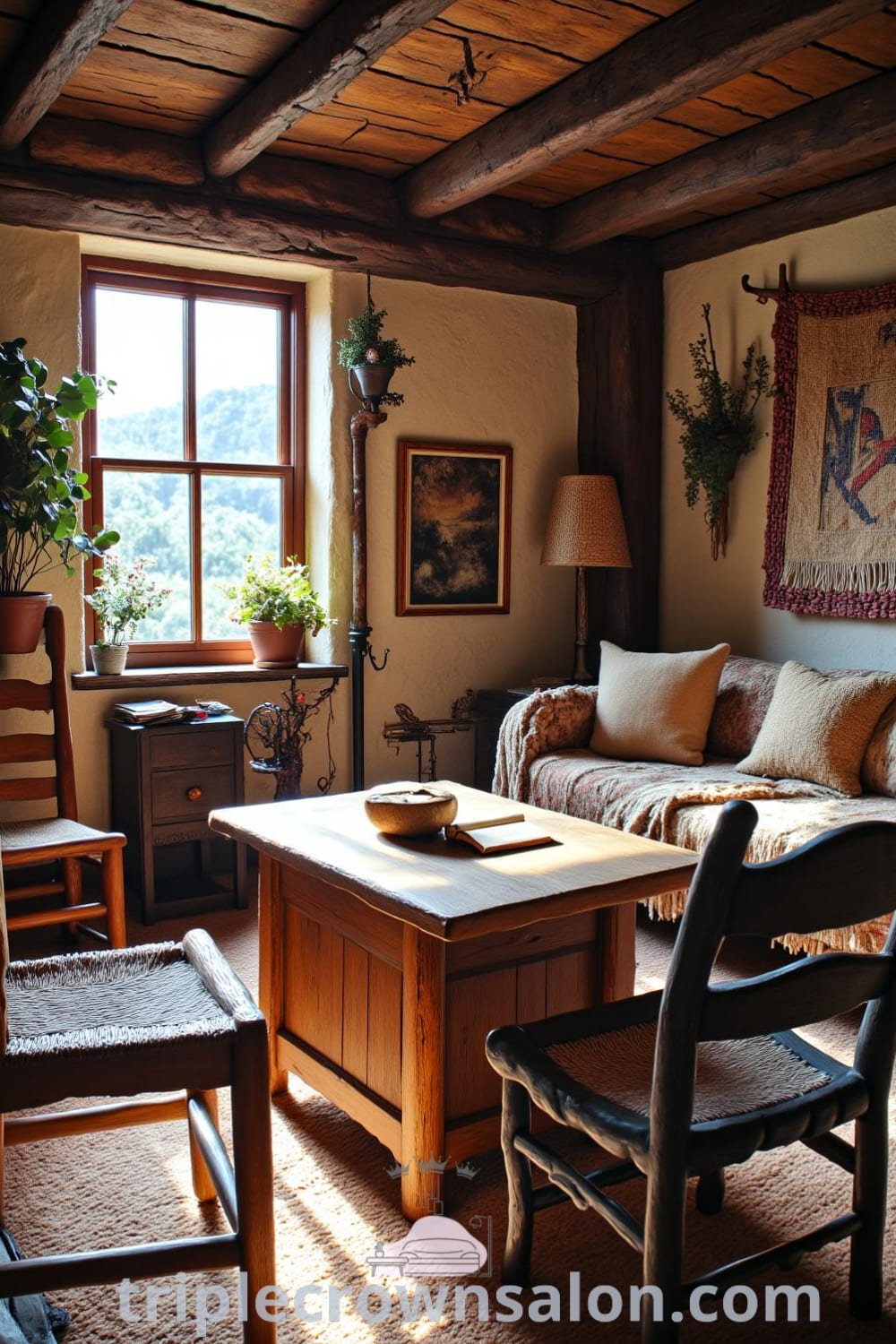 Rustic living room with a wooden coffee table surrounded by mismatched chairs, adorned with handmade artwork on the walls and a woven tapestry, illuminated by sunlight, offering cozy ideas for your home, design inspirations, and unique decor ideas at fireplacesandwoodstoves.com.