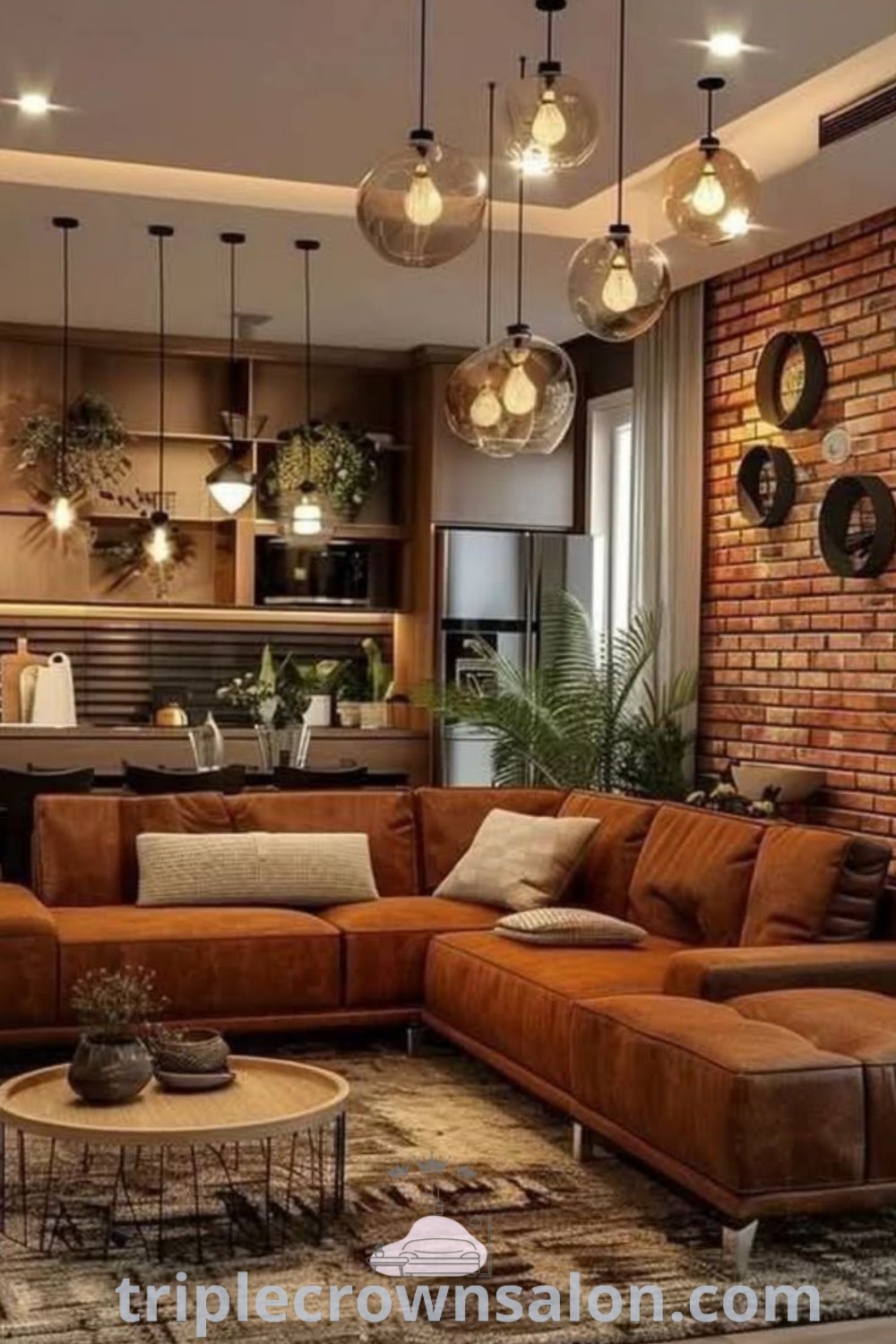 A cozy urban living room filled with stylish furniture, vibrant lighting, and a charming fireplace, showcasing design ideas and decor inspiration for a warm aesthetic. For unique home inspirations, visit triplecrownsalon.com.