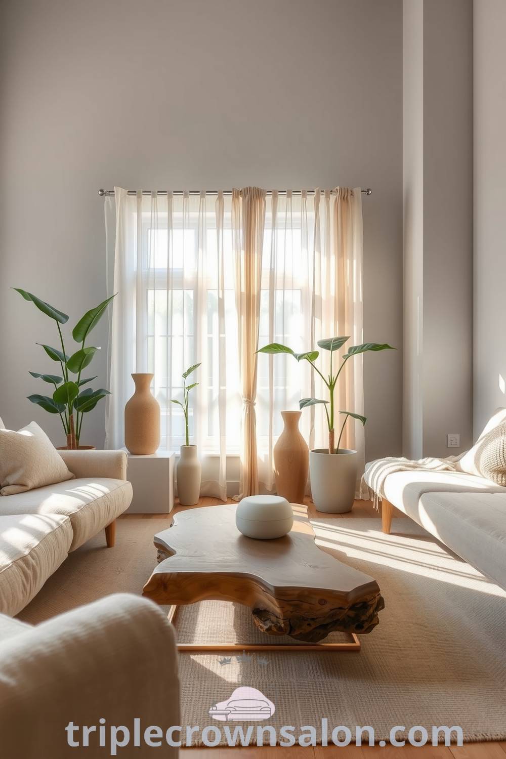 Cozy Japandi living room with soft grey walls, a low wooden coffee table, plush muted seating, sheer curtains allowing sunlight, and potted plants, showcasing unique decor ideas and inspirations for creating a cozy home at triplecrownsalon.com.