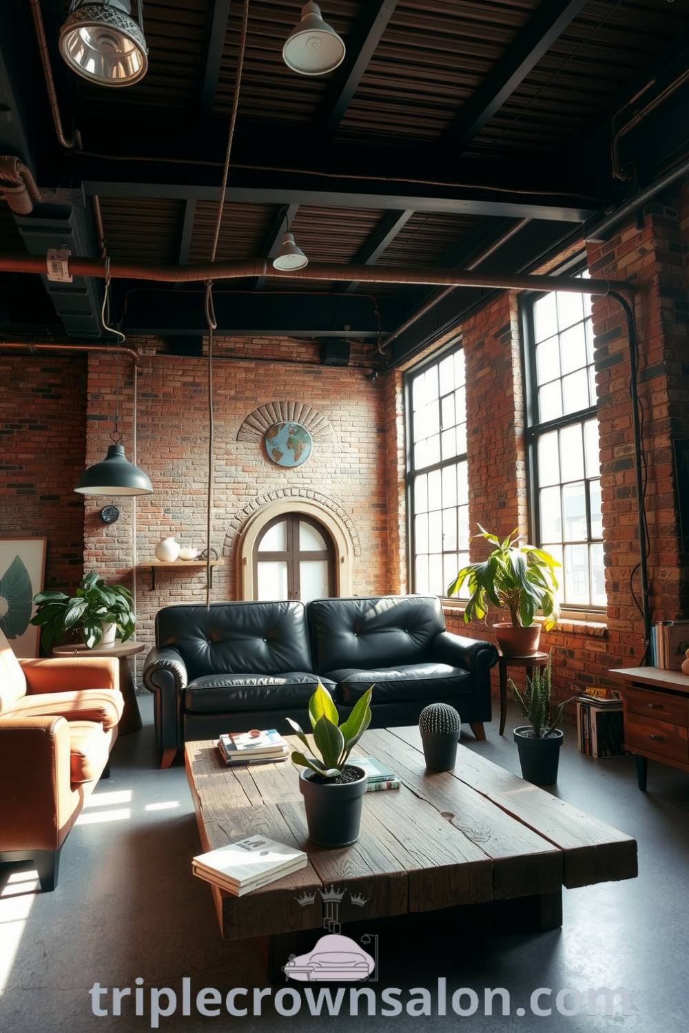 Industrial living room featuring exposed brick walls, metal beams, a brown leather sofa, and a reclaimed wood coffee table adorned with books and potted plants, creating a cozy and unique urban retreat, inspiring designs for your home at triplecrownsalon.com.