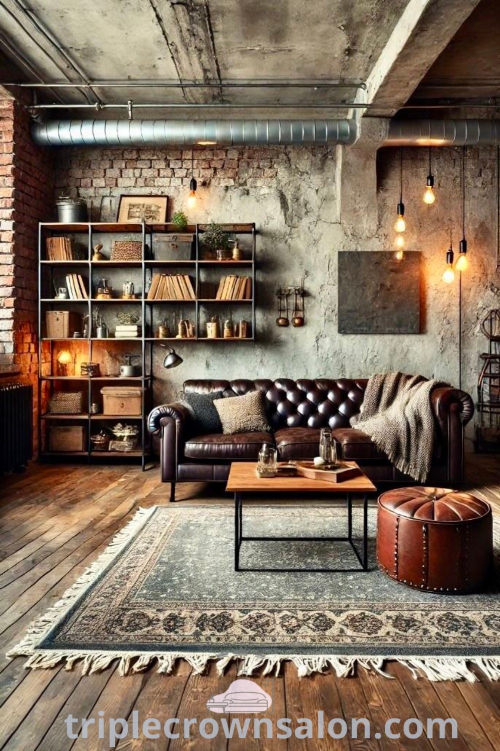 A stylish industrial living room featuring chic furniture and numerous bookshelves, showcasing modern industrial design ideas for apartment living and cozy aesthetics. Discover inspiring decor ideas for your home at triplecrownsalon.com.