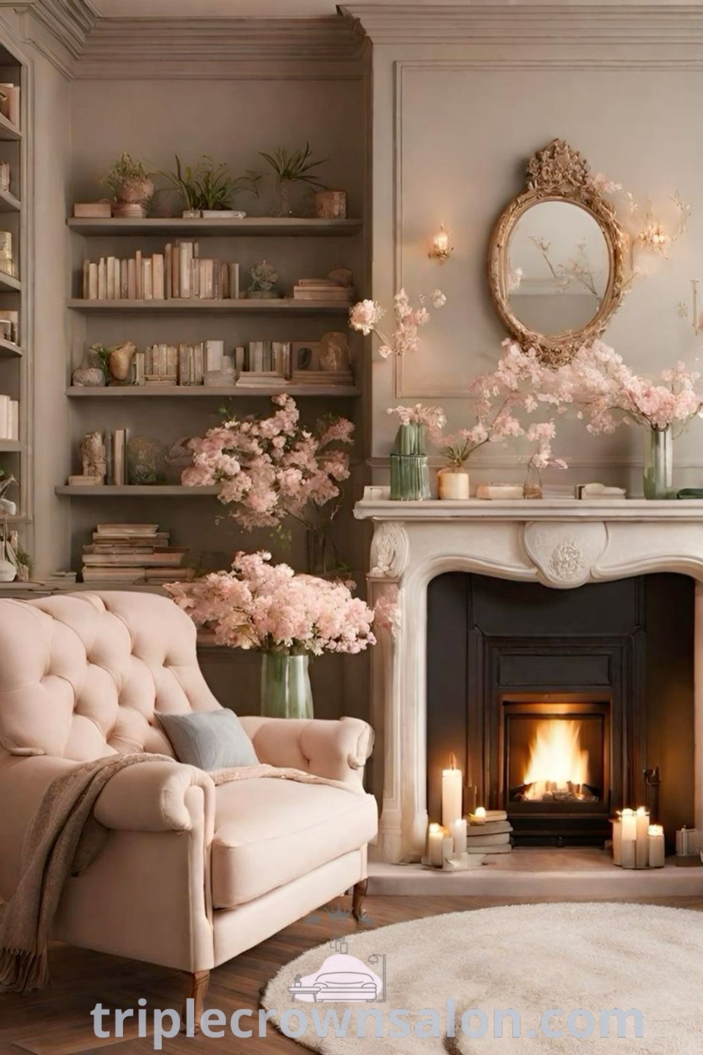 A cozy living room featuring a fireplace, furniture, and a bookshelf that inspires home library decor ideas and office designs. This scene illustrates unique ideas for your home, highlighting the cozy aesthetic and charming elements, perfect for a dream house. Explore more decor inspirations at triplecrownsalon.com.
