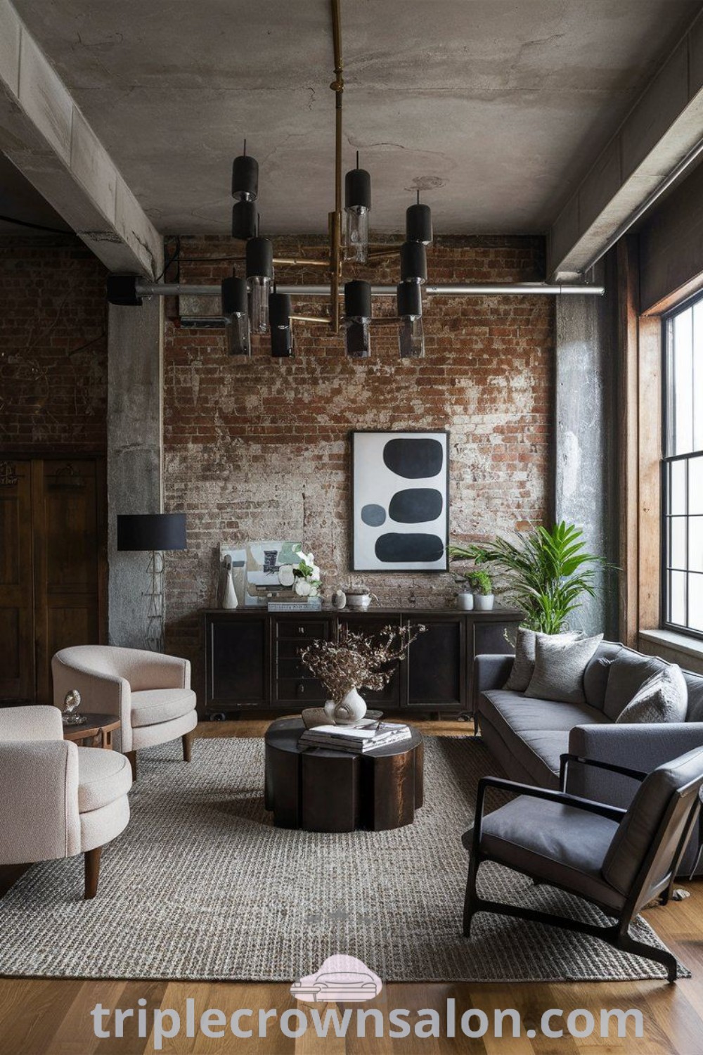 An urban modern living room filled with stylish furniture, a striking brick wall backdrop, and gray tiles, showcasing luxury industrial decor ideas. Discover cozy inspirations and unique design tips for your home at triplecrownsalon.com.