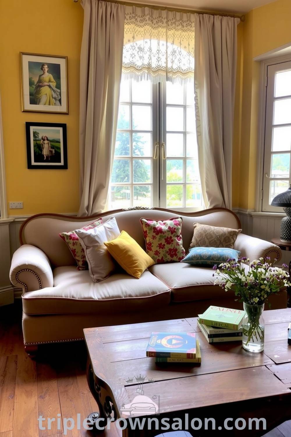 Cozy French living room with soft yellow walls, lace curtains, vintage sofa with colorful pillows, rustic coffee table with books and wildflowers, showcasing cozy ideas and decor inspirations from triplecrownsalon.com.