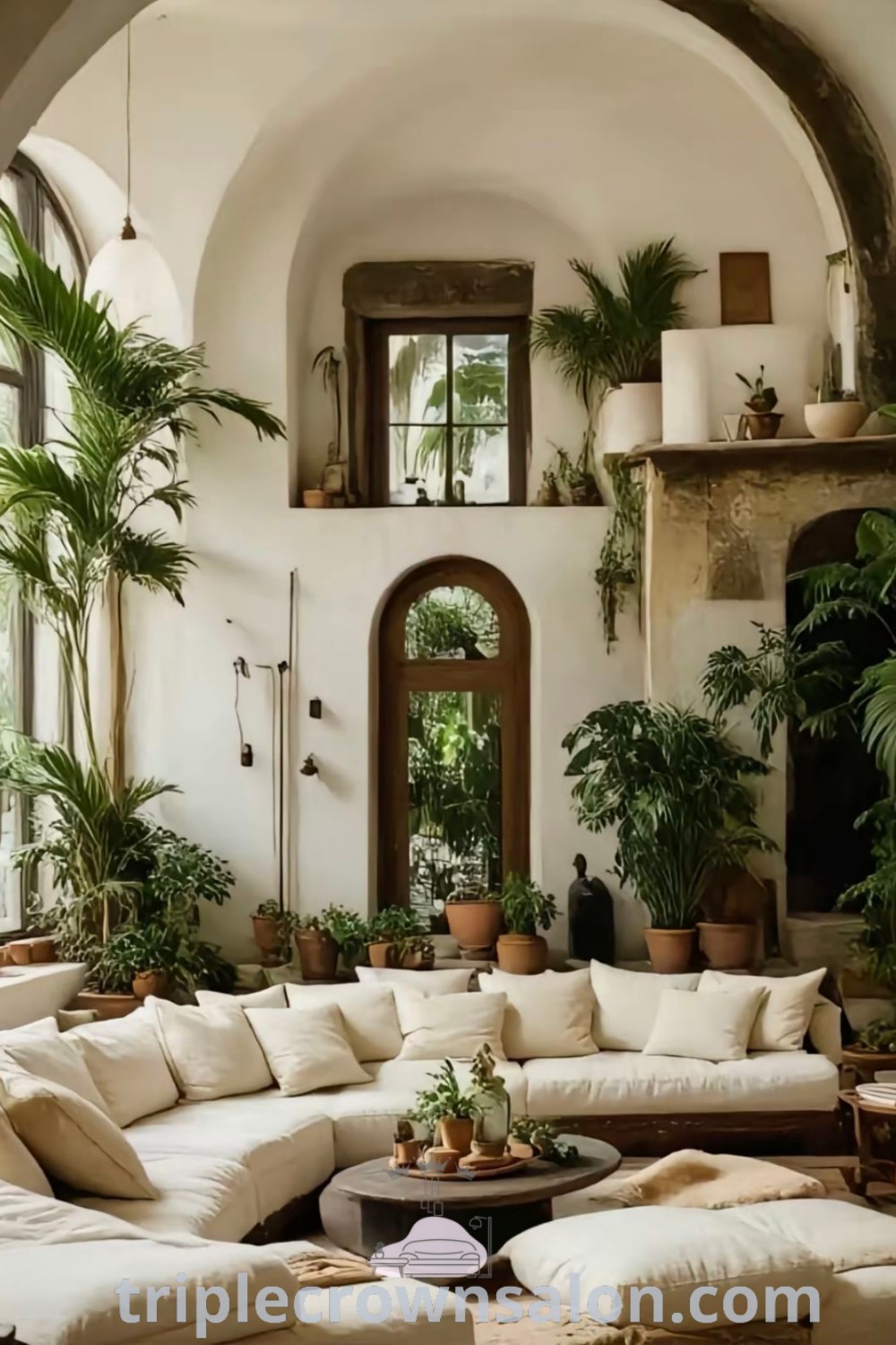 A cozy Spanish style living room filled with vibrant furniture and potted plants, showcasing hacienda design elements and Mediterranean interior inspirations. Perfect for decor ideas for small spaces and unique home designs, this inviting atmosphere radiates warmth. Discover more design tips at triplecrownsalon.com.