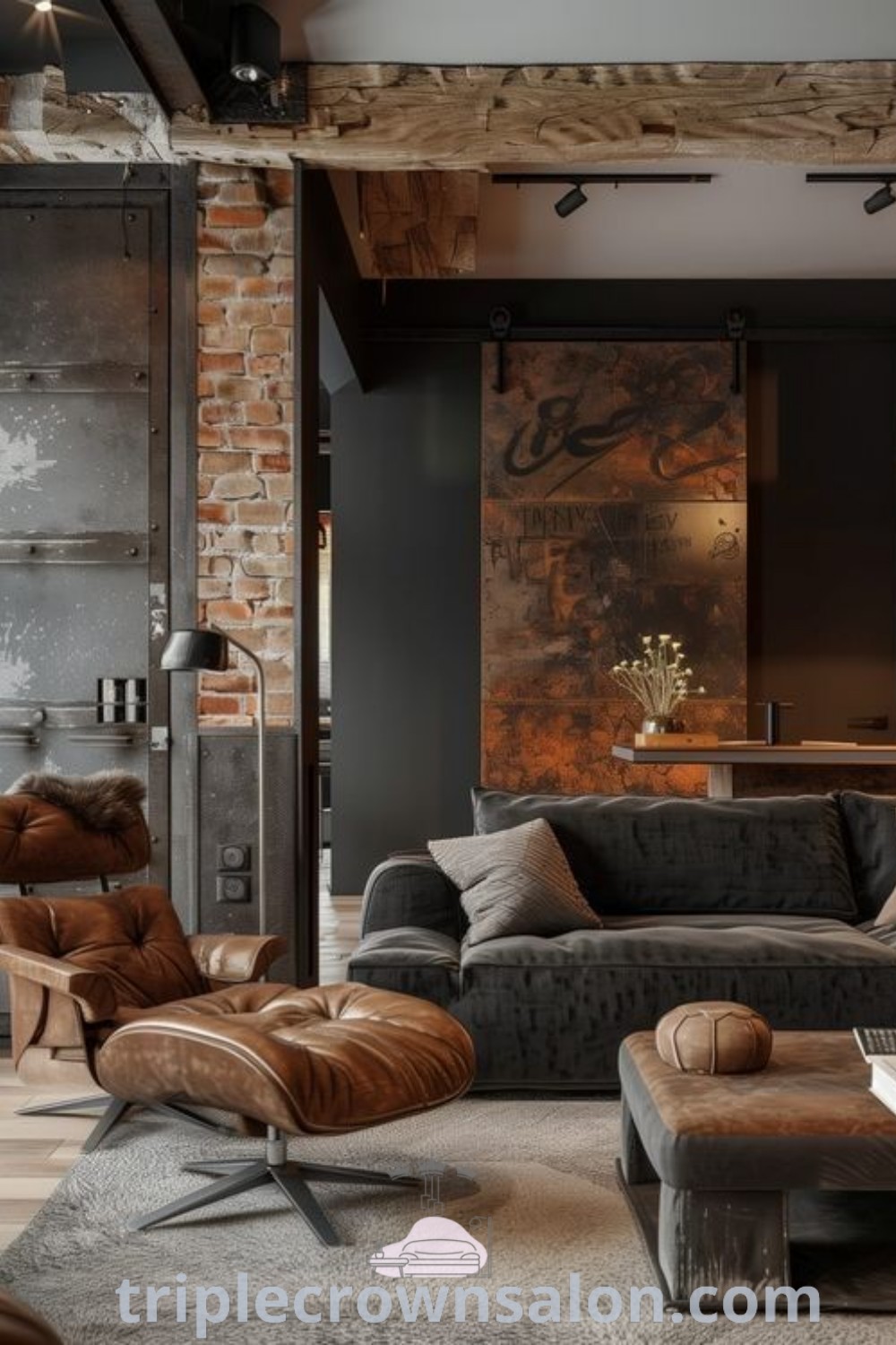 An industrial style living room filled with rustic furniture and a stunning brick wall, showcasing cozy decor inspirations and unique ideas for your home. This chic interior design combines elements of industrial minimalism, perfect for those seeking to elevate their space. Explore more at triplecrownsalon.com.