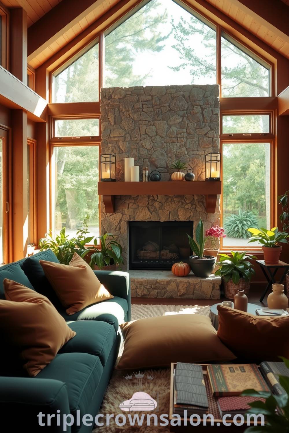 Cozy nature-inspired living room with wooden accents, a deep green sofa adorned with earthy-toned cushions, a textured stone fireplace, and potted plants that bring life to the space, providing inspiring decor ideas for a cozy home. For more unique ideas, visit triplecrownsalon.com.