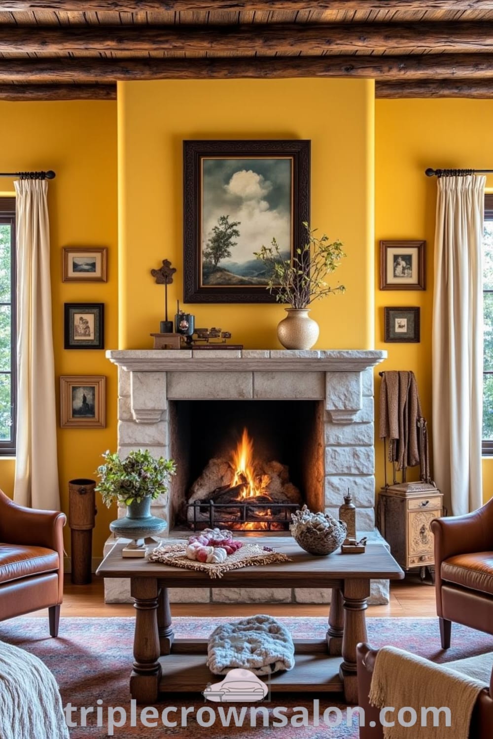 Cozy rustic living room with sun-kissed yellow walls, a stone fireplace, leather armchairs, and handmade textiles, creating a warm and inviting atmosphere for gatherings, featuring decor ideas and inspirations from fireplacesandwoodstoves.com.