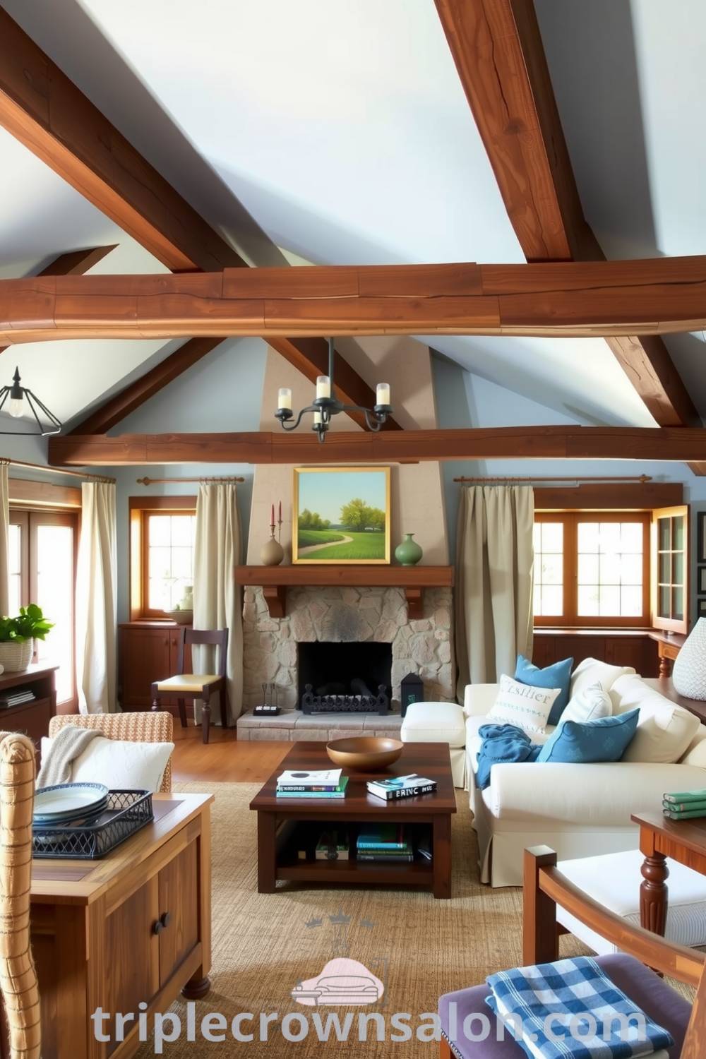 Cozy rustic living room with wooden beams, pale blue walls, oversized sofa, stone fireplace, mismatched cushions, and weathered wooden furniture, offering inspiring decor ideas for a warm and inviting space, suitable for gathering and storytelling. Visit triplecrownsalon.com for more cozy ideas.
