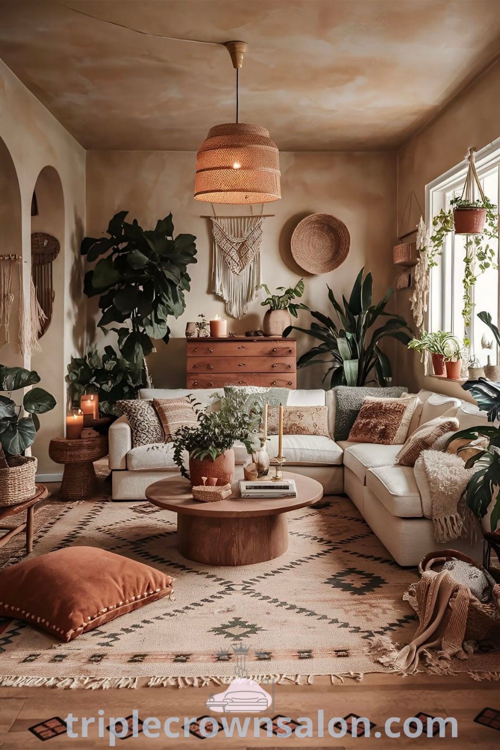 A bohemian living room filled with plants, cozy pillows, and a wooden table, showcasing earthy boho design ideas and inspirations for creating a cozy home ambiance. Explore more decor ideas for small spaces at triplecrownsalon.com.