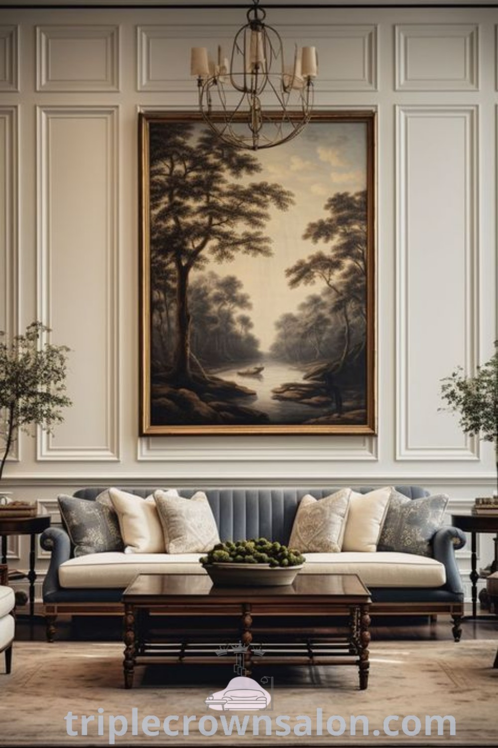 A modern Southern living room featuring stylish furniture, a striking painting, and greenery, showcasing a blend of elegance and comfort. This space offers cozy ideas and inspirations for your home, perfect for improving your decor and design trends. More ideas at triplecrownsalon.com.