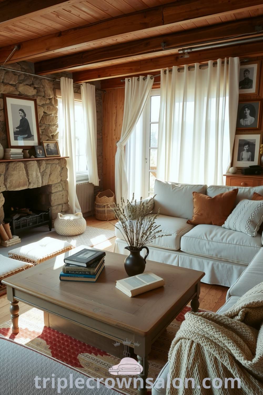Cozy rustic living room with reclaimed wood accents, exposed stone walls, a comfortable couch, a flickering fireplace, wildflowers in a vase, and vintage photographs, showcasing inspiring decor ideas for a cozy home at triplecrownsalon.com.