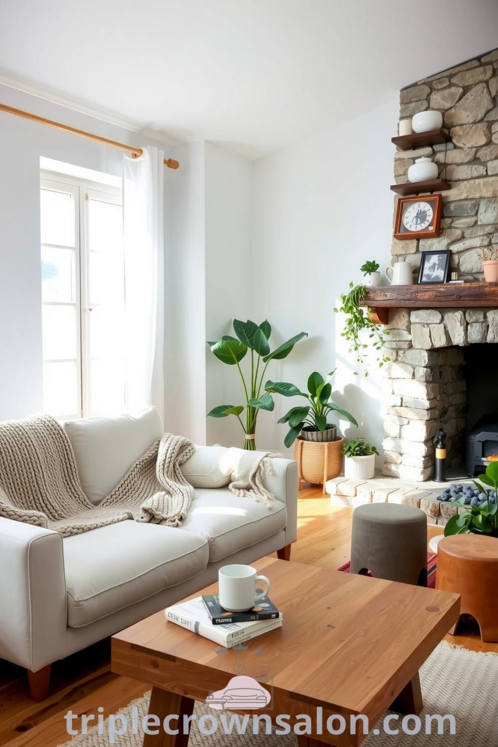 Cozy Scandinavian living room featuring soft white walls, a neutral-toned sofa with handmade throws, a stone fireplace, natural light, and potted green plants, providing inspiring decor ideas for a cozy home at triplecrownsalon.com.