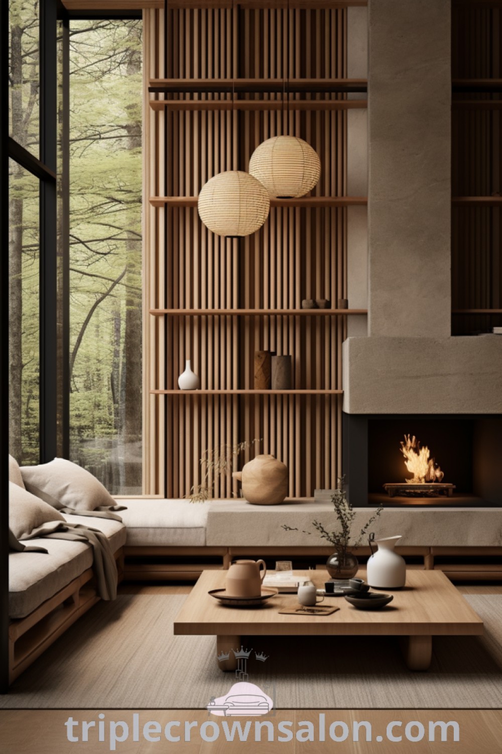 A stylish Japandi living room filled with furniture, featuring a cozy wall-mounted fireplace and inviting decor elements. This design showcases organic modern aesthetics and unique ideas for a cozy home. Explore captivating decor inspirations at triplecrownsalon.com.