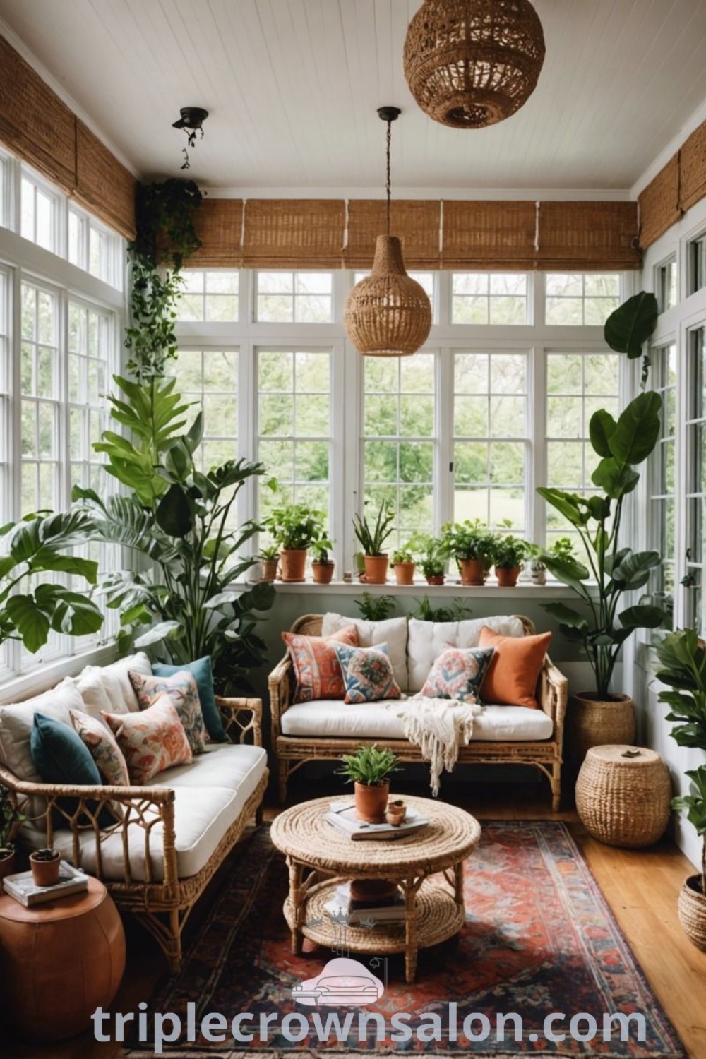 A cozy sunroom seating area designed as a reading nook, filled with plants and comfortable furniture, showcasing unique decor ideas and inspirations for creating a relaxed, inviting space in your home or apartment. Find more ideas at triplecrownsalon.com.