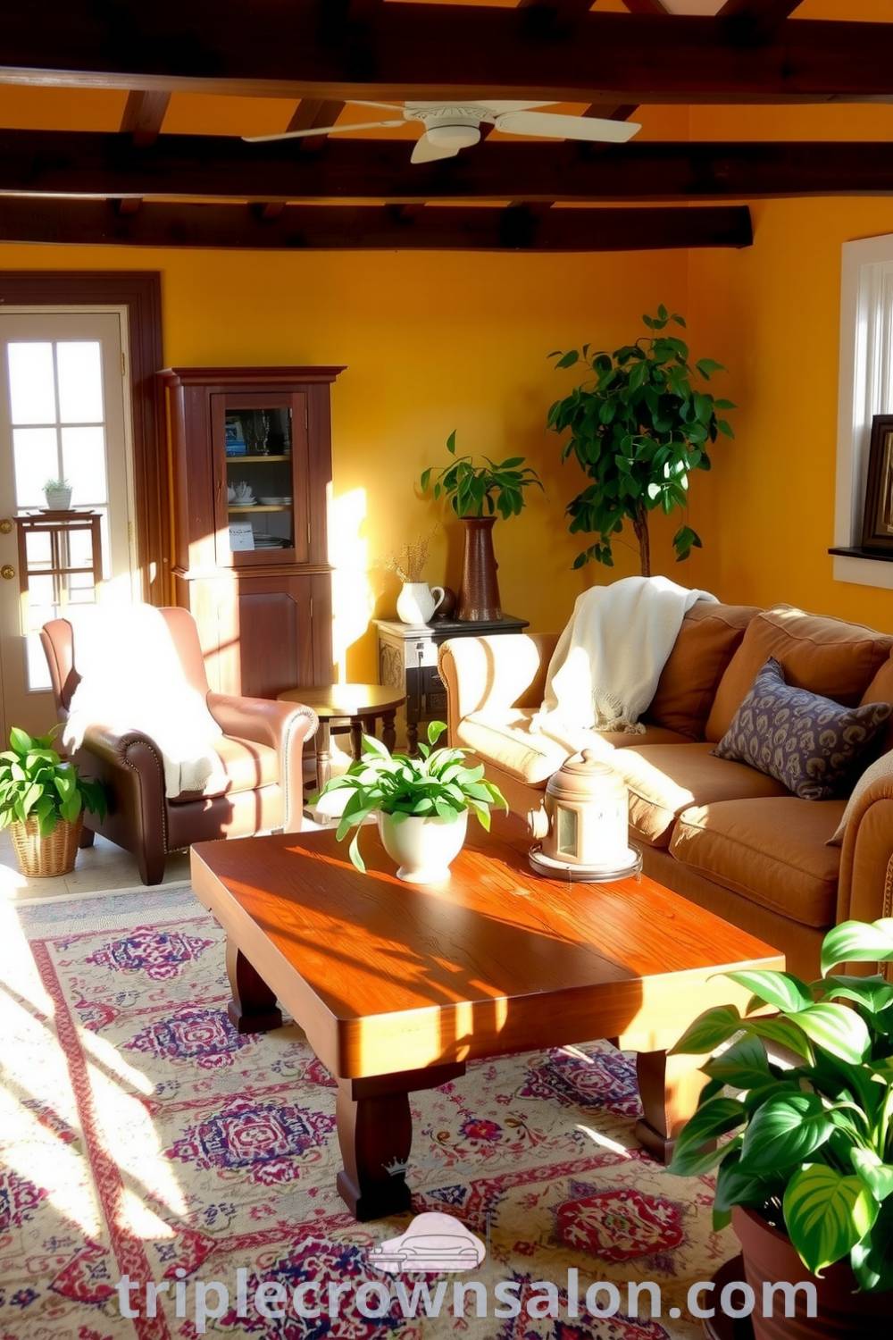 Cozy farmhouse living room with sunlit walls, mismatched furniture, a worn leather armchair, vintage coffee table, and vibrant potted plants, providing a warm and inviting atmosphere ideal for gatherings. Visit triplecrownsalon.com for inspiring decor ideas for your home.