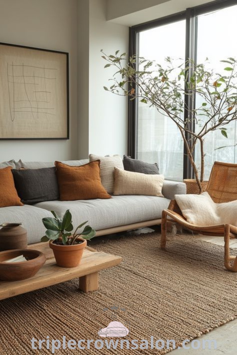 A cozy Earthy Scandinavian living room filled with stylish furniture and a large window, featuring a pastel interior aesthetic and grey home palette. This design offers unique ideas for creating a warm home environment, showcasing Japandi decor inspirations and cozy ideas for small spaces. Explore more design ideas at triplecrownsalon.com.