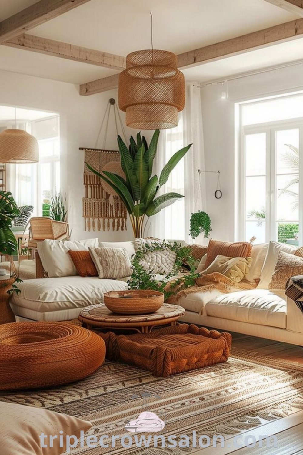 A lively bohemian living room adorned with various furniture pieces and plants, showcasing modern boho minimalist design elements. This cozy home interior reflects a light maximalist decor style, offering decor ideas that inspire comfort and aesthetic warmth. Discover more unique ideas at wellnesswink.com.