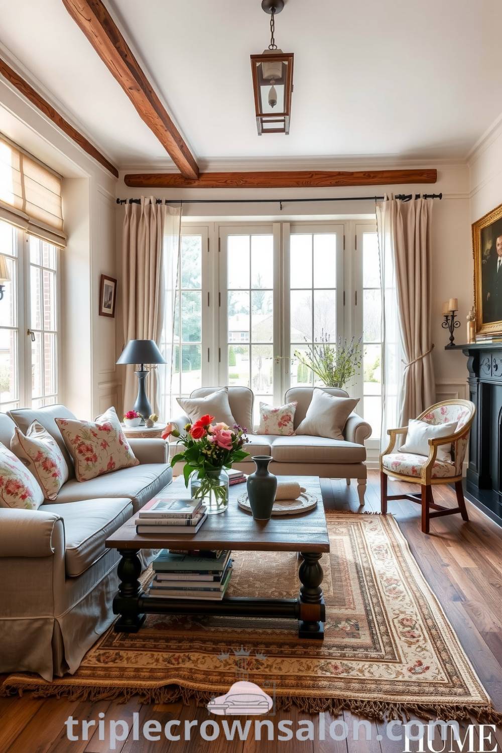 Inviting French living room with cream walls, floral upholstery, floor-to-ceiling windows, a rustic coffee table filled with books and flowers, and cozy decor ideas for your home featured on triplecrownsalon.com.