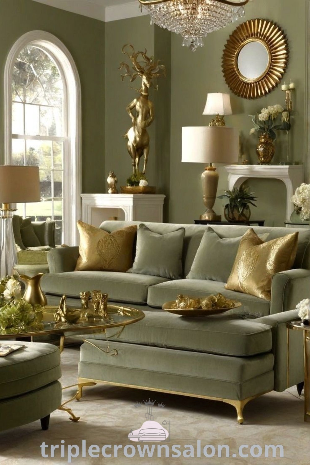A cozy sage green and gold living room featuring plentiful furniture and gold accents along the walls, bathed in natural light from a large window. This design showcases unique decor ideas and inspirations for a sustainable home, perfect for those looking for ideas for their living rooms. Visit triplecrownsalon.com for more design tips and inspirations.