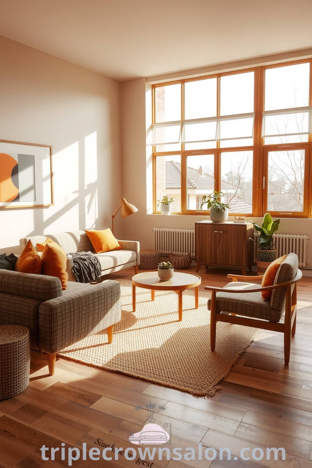 Japandi living room with warm orange accents, muted earthy tones, light wood furniture, a woven rug, large windows allowing natural sunlight, and subtle plants that enhance the cozy aesthetic, showcasing unique ideas for home decor inspirations at triplecrownsalon.com.