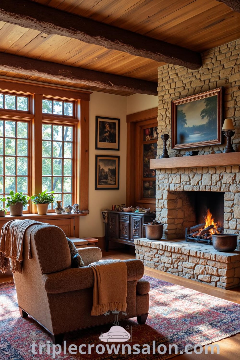 Rustic living room with wooden beams, a cozy armchair, stone fireplace with glowing embers, mismatched wooden furniture, and handwoven rugs, creating an inviting atmosphere filled with warm decor ideas and inspirations for your home from fireplacesandwoodstoves.com.