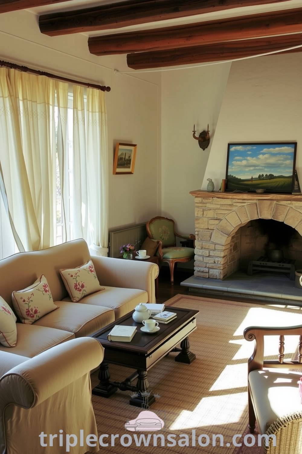 Cozy French living room featuring cream walls, lace curtains, overstuffed floral sofa, rustic coffee table with books and tea, charming stone fireplace, and woven rug, embodying cozy ideas for unique home design inspiration. Visit triplecrownsalon.com.