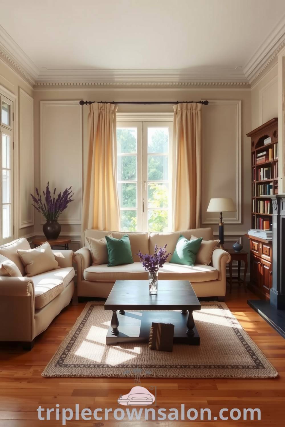 Cozy French living room featuring beige walls, white moldings, a plush sofa, a coffee table, and gentle light filtering through sheer curtains; perfect decor ideas for your home for a cozy aesthetic, found at triplecrownsalon.com.