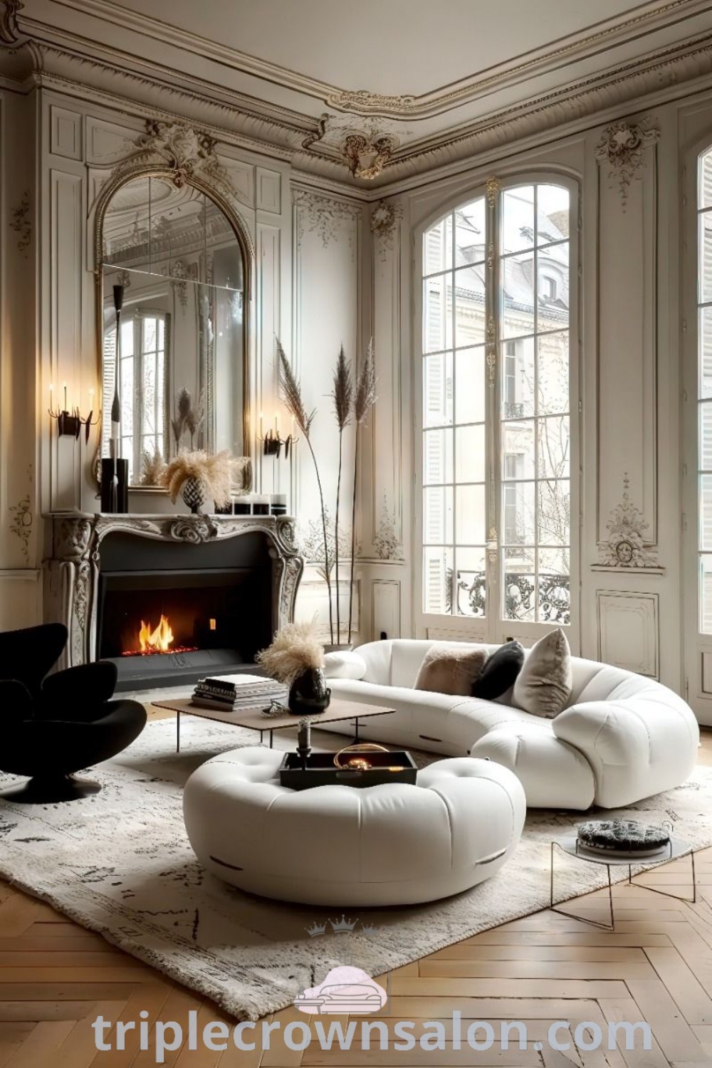 A chic Parisian living room filled with elegant furniture and a cozy fireplace, showcasing decor ideas inspired by French Rococo and modern Persian designs. This inviting space offers unique ideas for a cozy home and elevates any house or apartment. Discover more decor inspirations at triplecrownsalon.com.