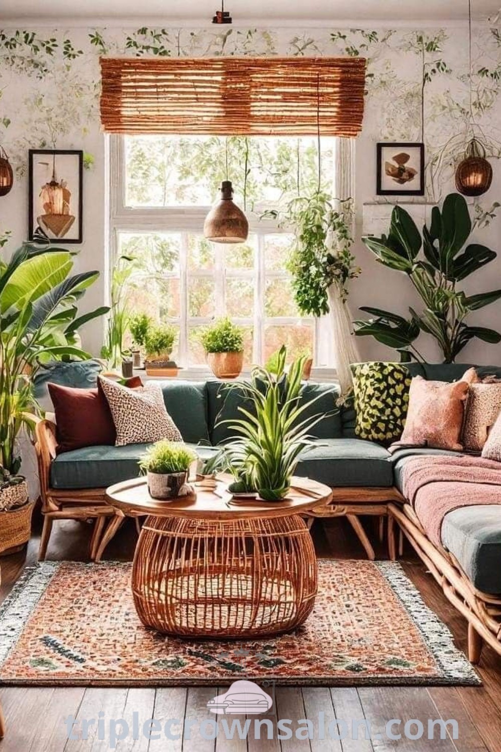 A stylish living room filled with indoor plants, showcasing cozy ideas for apartment decor. This inspiring setup highlights various plant styles, blending bohemian and modern living room design trends. Explore unique decor inspirations for house or apartment at triplecrownsalon.com.