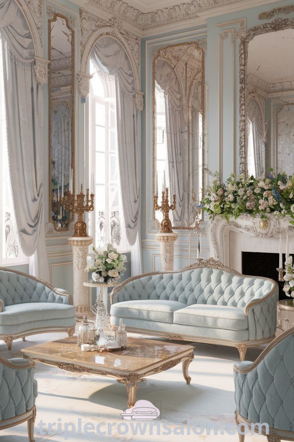 An elegant Rococo living room featuring blue and white furniture that embodies modern Rococo and English interior design. This space offers inspiring decor ideas for a cozy home and highlights the essence of decor inspirations. Explore more unique ideas at triplecrownsalon.com.