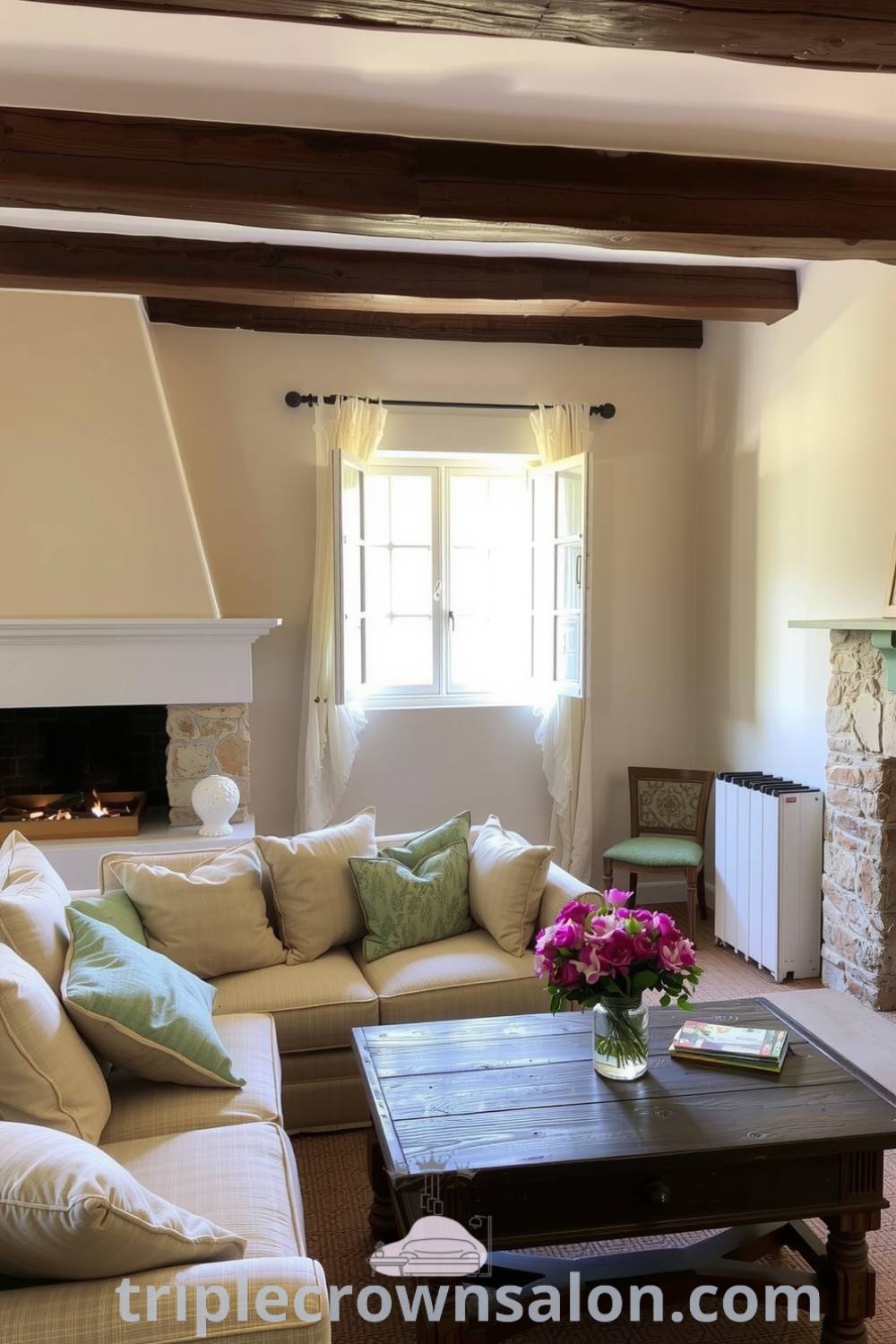 Cozy French living room featuring beige walls, rich wooden beams, a deep-set floral couch, a stone fireplace, lace curtains, and a rustic coffee table with fresh flowers, perfect for relaxing afternoons. Discover more cozy ideas at triplecrownsalon.com.