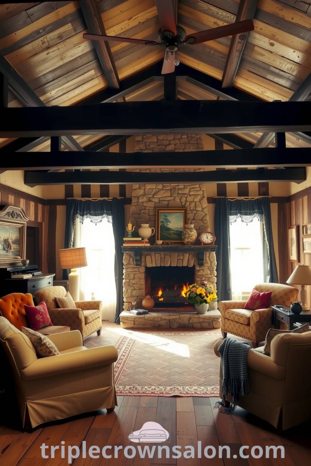 Rustic living room with blackened wooden beams, mismatched furniture, and a stone fireplace, showcasing cozy ideas and decor inspirations for a welcoming home atmosphere, perfect for relaxation, featured on fireplacesandwoodstoves.com.