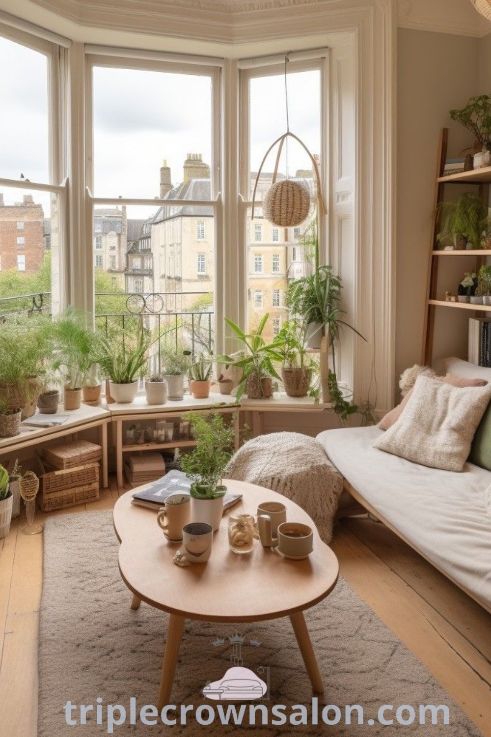 A cozy living room filled with plush furniture, a fireplace, and an abundance of plants in the window sill. This nature-themed decor inspires ideas for your home with a cozy aesthetic that enhances comfort. Discover more decor ideas for small spaces at triplecrownsalon.com.