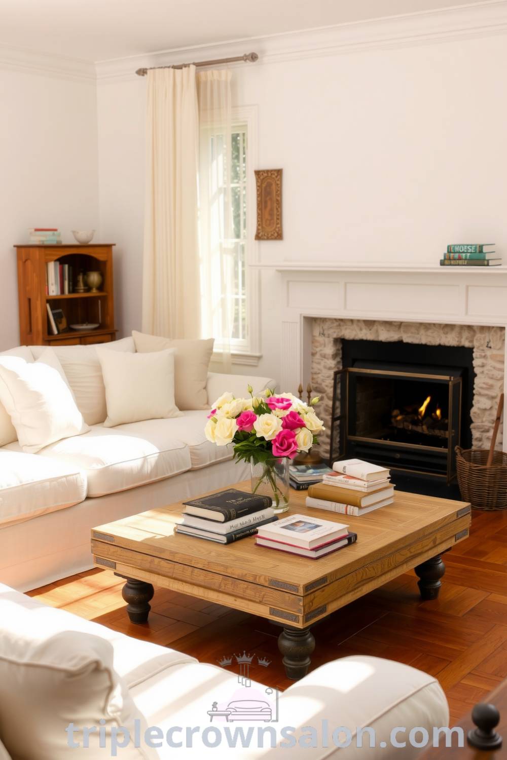 Cozy living room featuring soft white tones, an overstuffed sofa near a stone fireplace, a rustic wooden coffee table with books and flowers, all illuminated by sunlight through sheer curtains, ideal for inspiring cozy home decor ideas on fireplacesandwoodstoves.com.