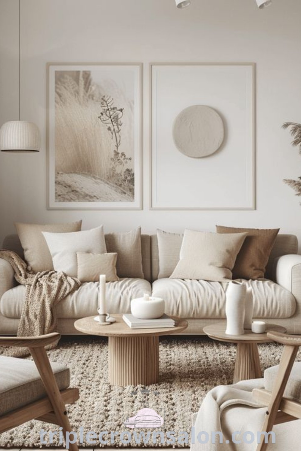 A stylish Scandinavian living room featuring Nordic Boho decor, natural materials, and cozy textiles, creating an inviting and serene space. This design merges function with aesthetic charm, offering unique ideas for house or apartment. Discover more inspiring decor ideas at triplecrownsalon.com.