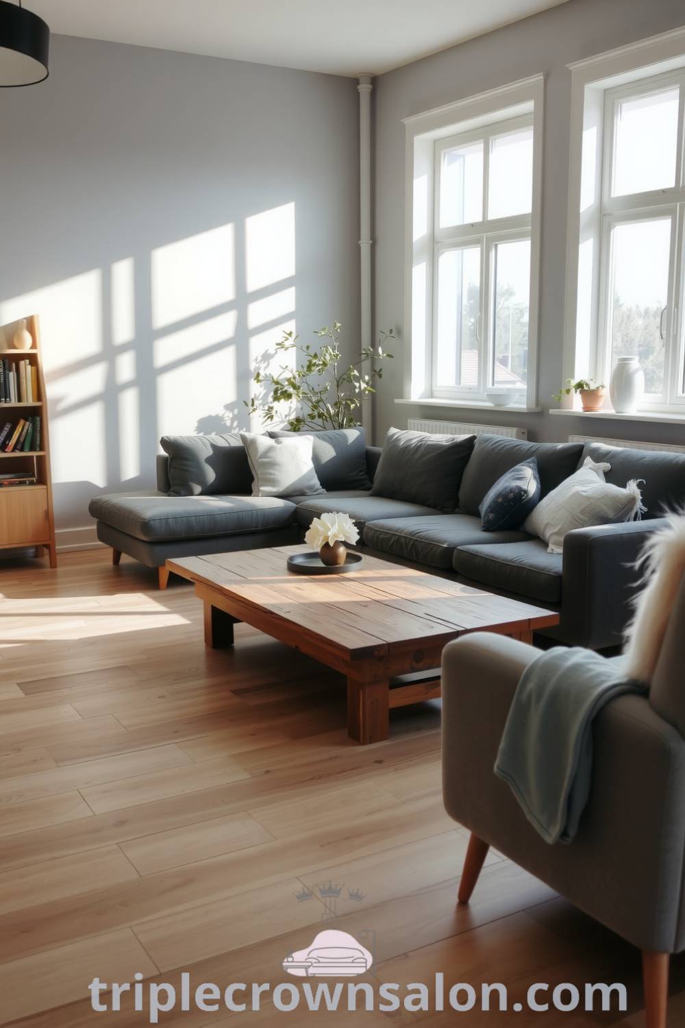 Scandinavian living room with grey walls, a plush grey sofa, rustic wooden coffee table, large windows, bookshelf with novels and plants, creating a cozy and inviting atmosphere. Explore decor ideas for small spaces at triplecrownsalon.com.