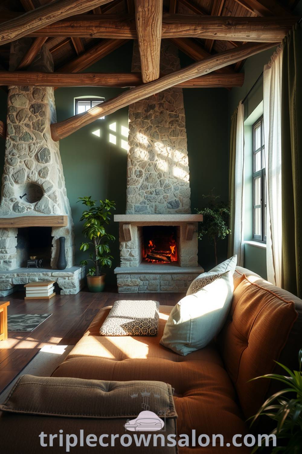 A cozy rustic living room featuring a large stone fireplace, weathered wooden beams, a plush faded sofa with patterned cushions, and potted plants, depicting design ideas for a warm and inviting atmosphere, inspired by unique cozy home decor at fireplacesandwoodstoves.com.