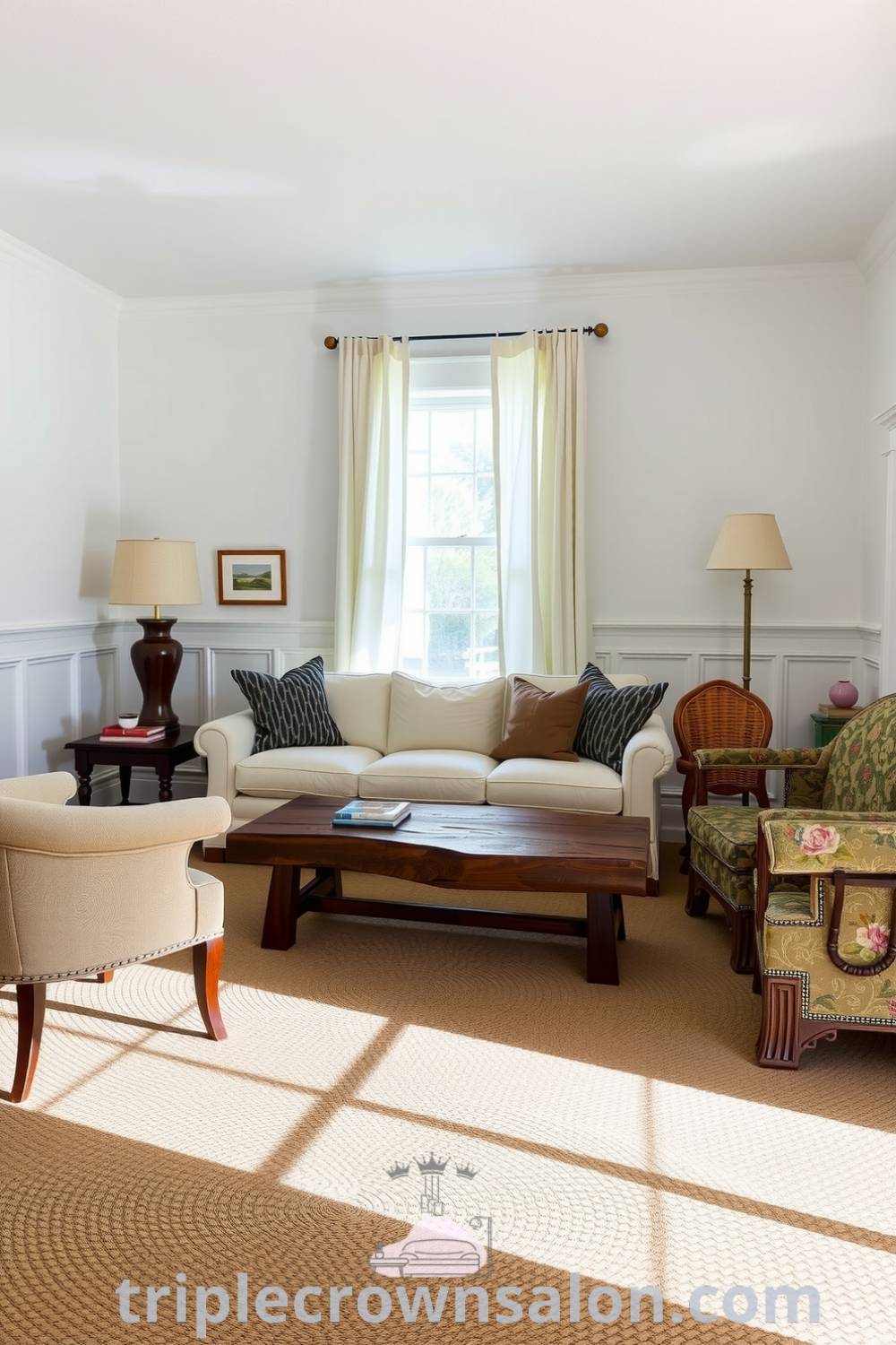 Cozy living room design featuring a soft white palette, textured walls, a plush faded sofa, rustic wooden coffee table, and mismatched armchairs, creating an inviting atmosphere with unique decor ideas, perfect for relaxation and conversation. For more cozy home inspirations, visit fireplacesandwoodstoves.com.