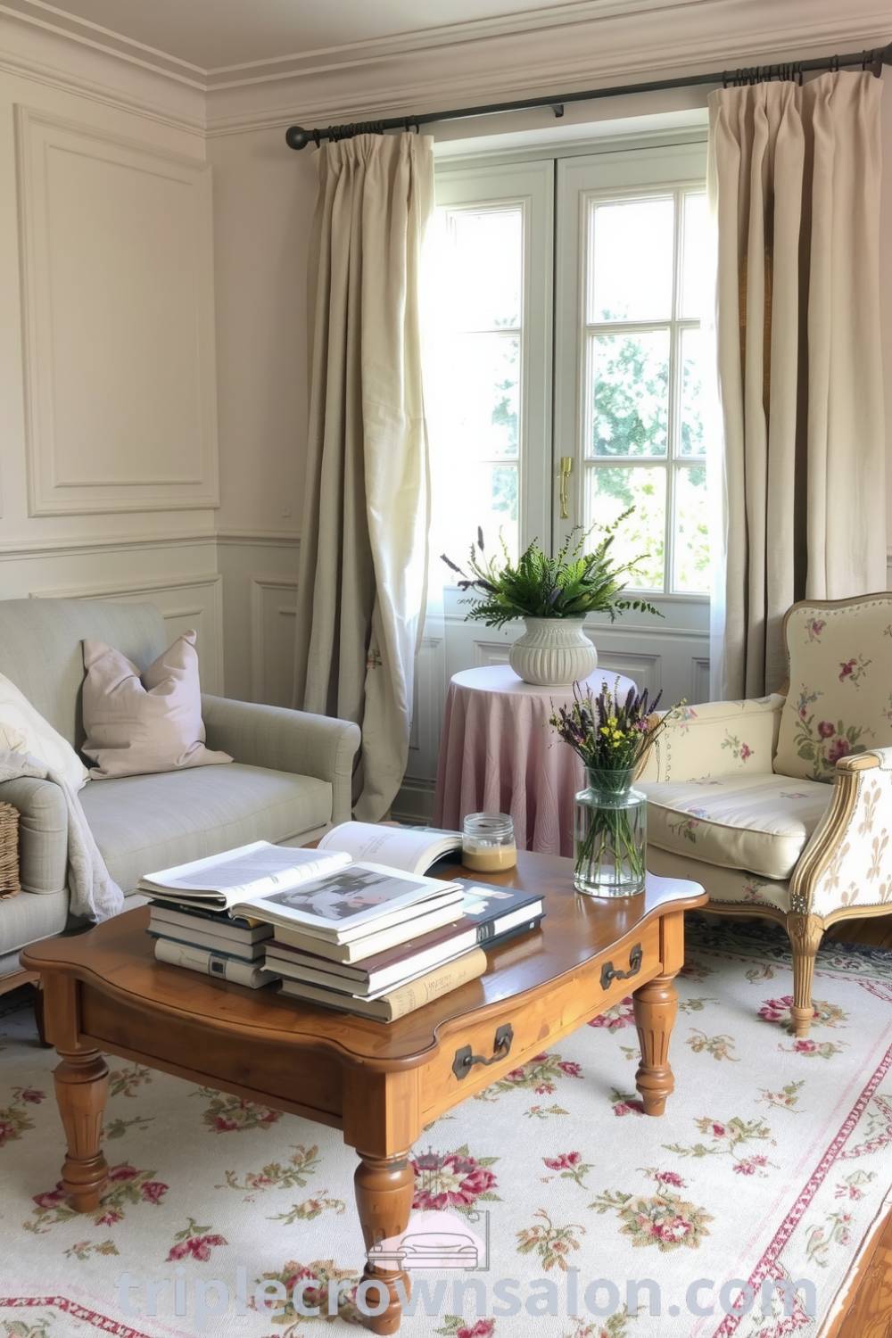 Cozy French living room featuring soft cream and gray walls, weathered oak coffee table with books and wildflowers, vintage floral armchairs, sheer linen curtains, and a patterned rug, creating a warm and inviting atmosphere. Visit triplecrownsalon.com for inspiring decor ideas.