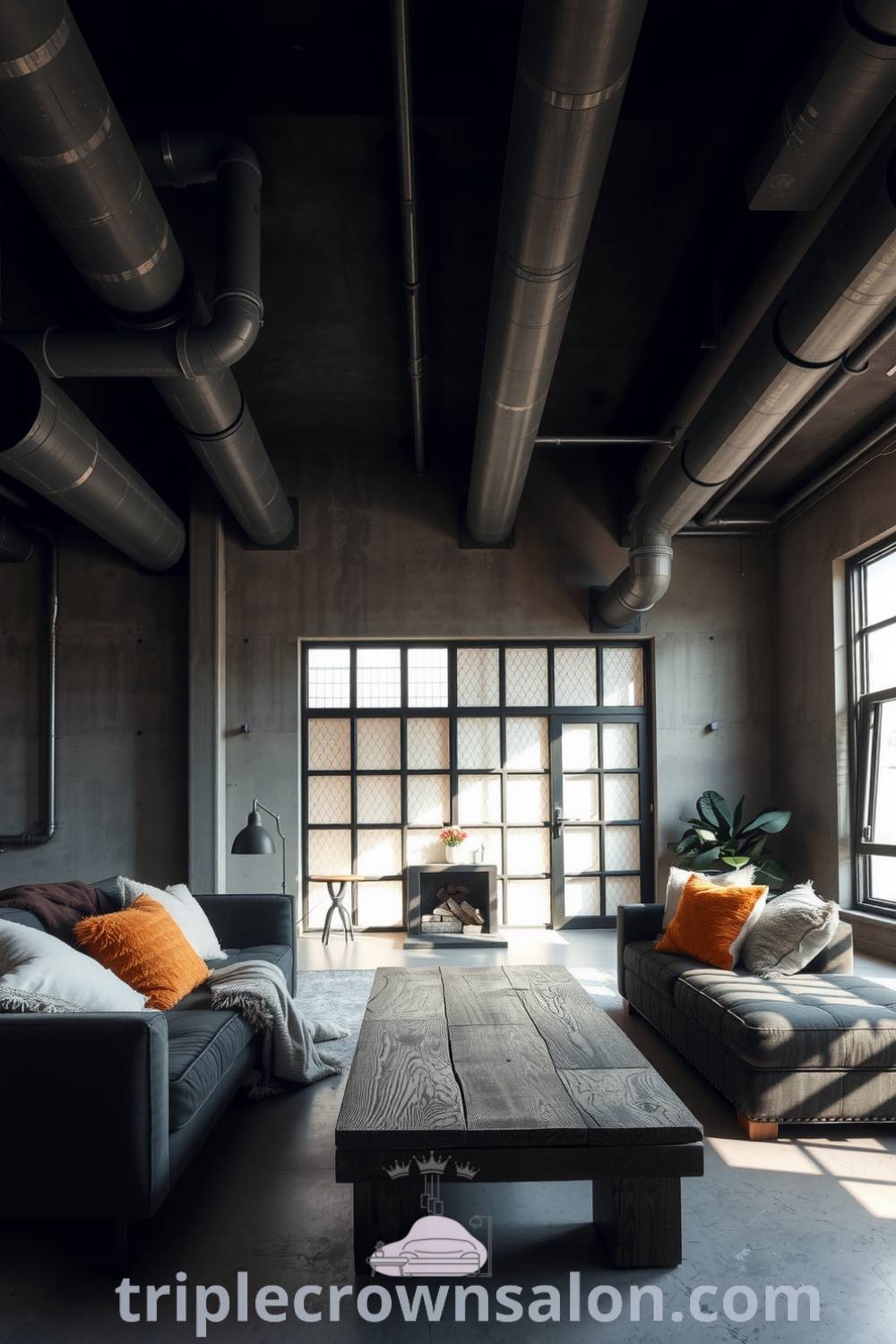 Industrial living room featuring dark metal pipes, raw concrete walls, a plush black sofa with textured pillows, and a reclaimed wood coffee table, illuminated by natural light through large windows, offering cozy ideas and decor inspirations for your home at triplecrownsalon.com.
