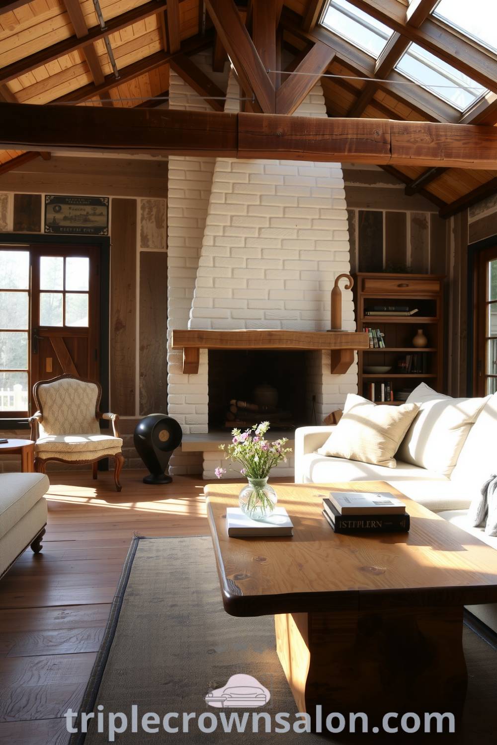 Rustic living room featuring a whitewashed stone fireplace, rough-hewn wooden beams, mismatched windows, an oversized couch, and a handcrafted coffee table adorned with books and wildflowers, showcasing cozy aesthetic decor ideas for your home at triplecrownsalon.com.