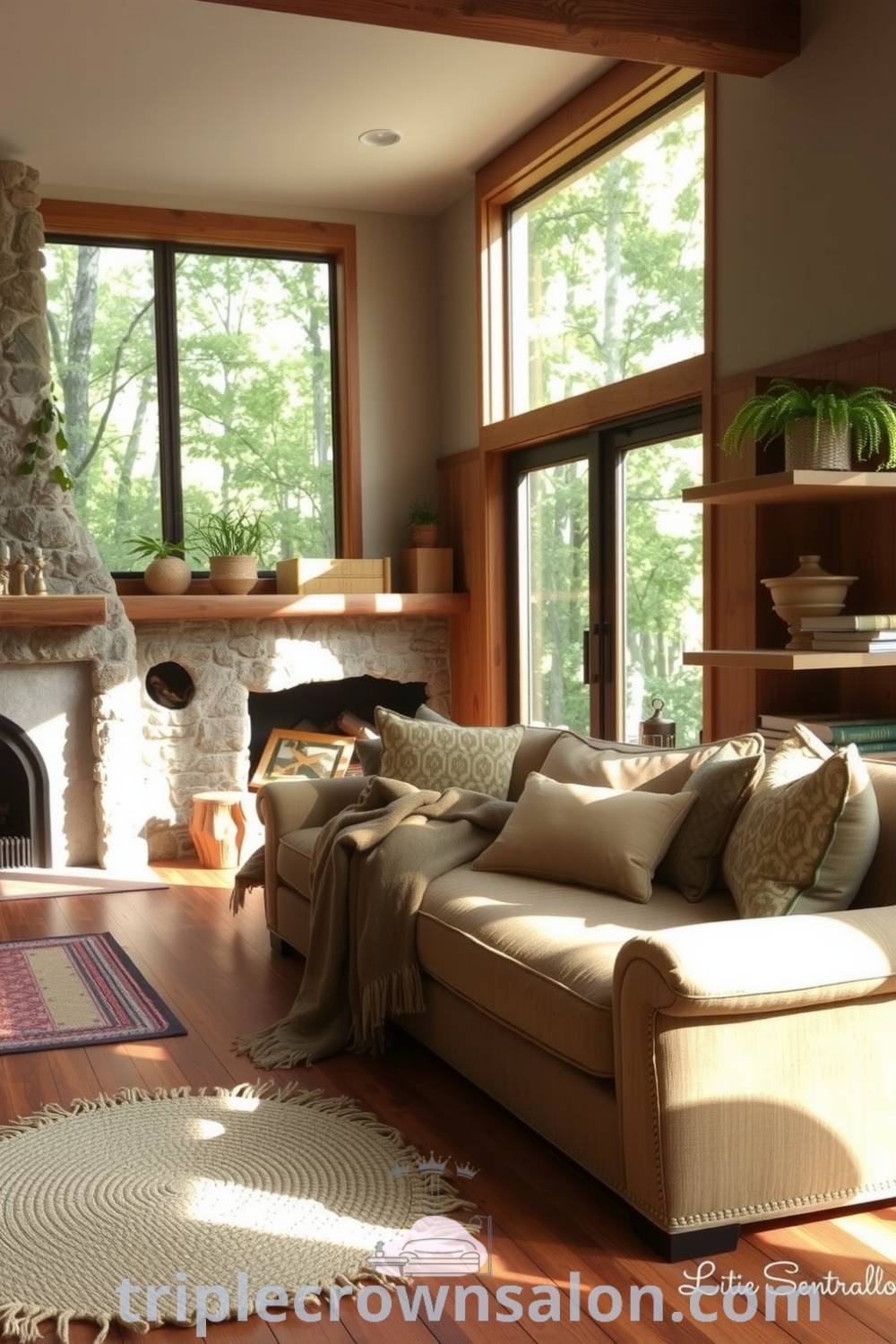 Cozy nature-inspired living room with a stone fireplace, woven natural fiber rugs, plush earth-toned cushions, and large windows framing views of trees, creating an inviting atmosphere perfect for relaxation and conversation. See more decor ideas at triplecrownsalon.com.