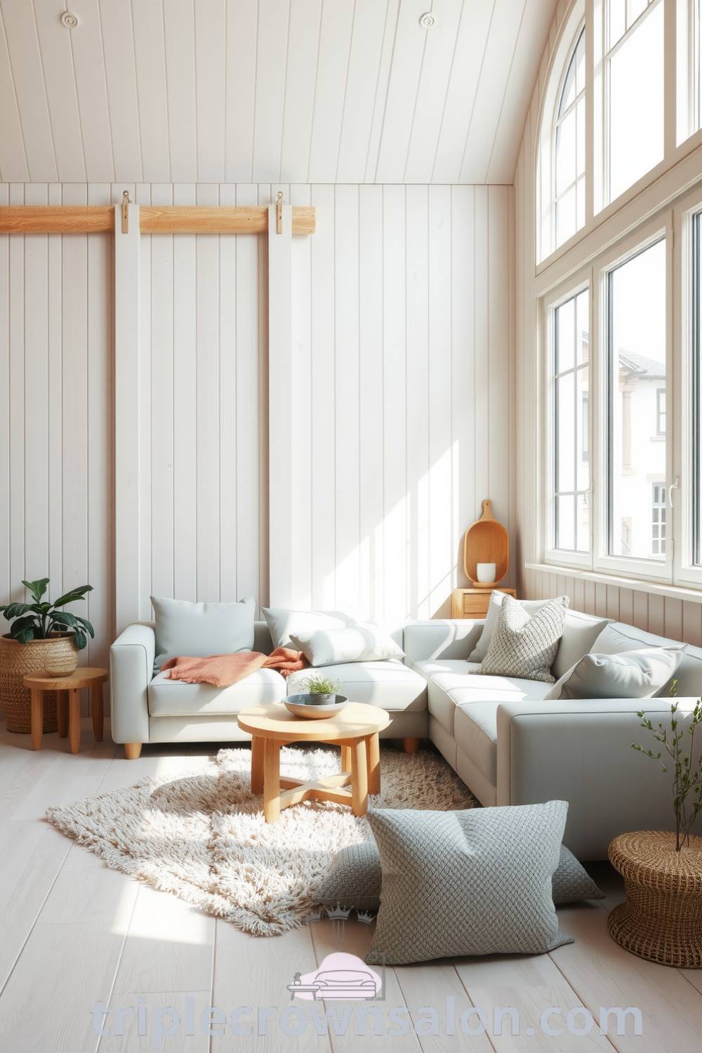 Scandinavian living room with soft grey tones, a plush light grey sofa, pale wooden walls, a shaggy area rug, large windows, potted plants, and unique handcrafted wooden accents, depicting cozy design ideas for a serene atmosphere at home. Visit triplecrownsalon.com for more decor inspirations.