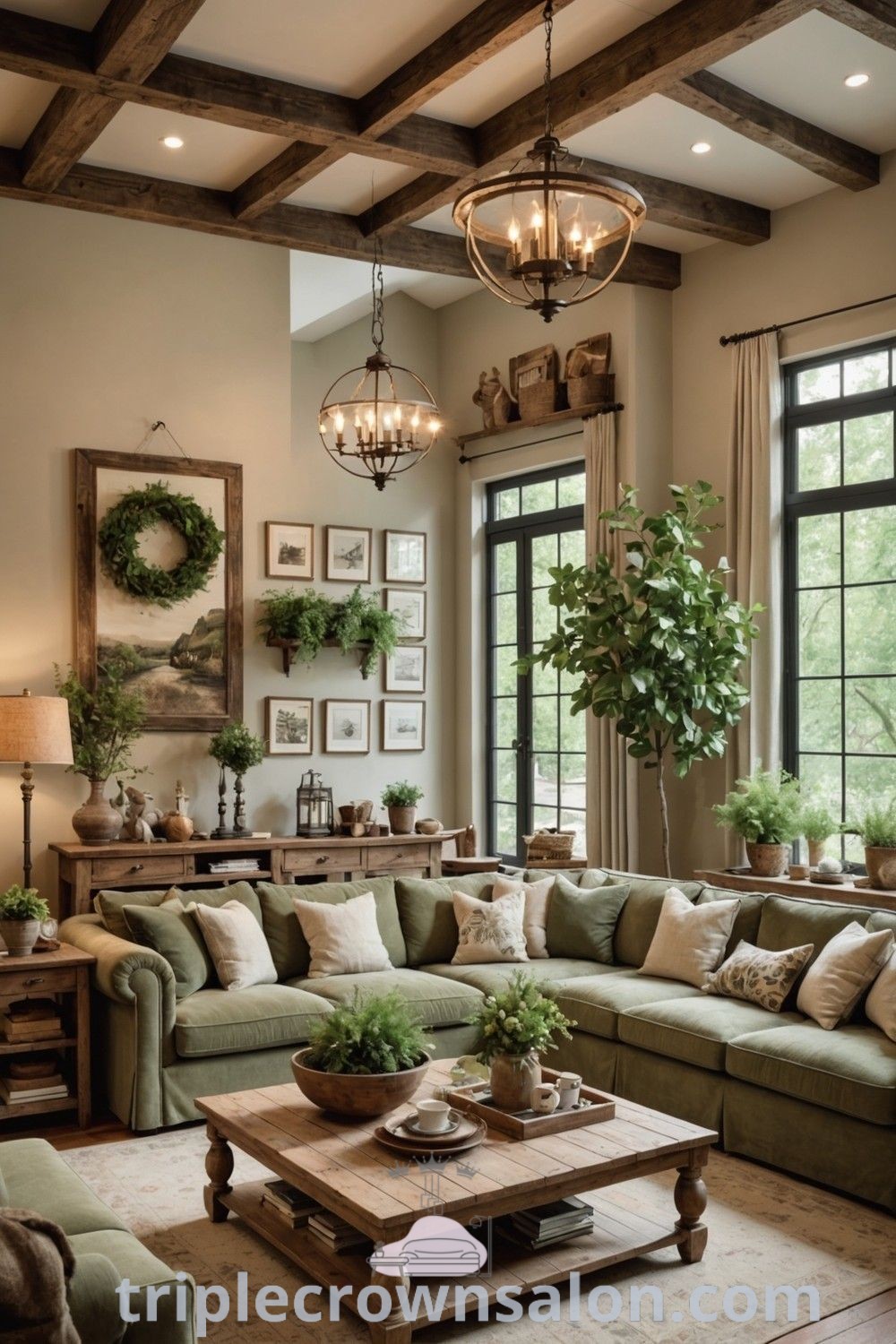 A modern farmhouse living room filled with furniture and plants, showcasing cozy home decor inspirations and country chic interior designs. This inviting den blends functional aesthetics with unique ideas for your home, perfect for small spaces. Explore more decor ideas at triplecrownsalon.com.