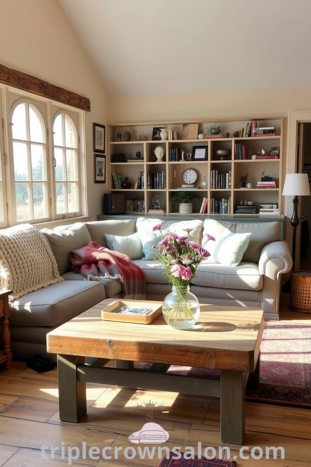 Beige farmhouse living room featuring large mullioned windows, weathered wood floor, overstuffed couch with knitted throws, rustic coffee table with wildflowers, and shelves filled with books and trinkets, showcasing cozy ideas for your home. Visit triplecrownsalon.com for more decor inspirations.