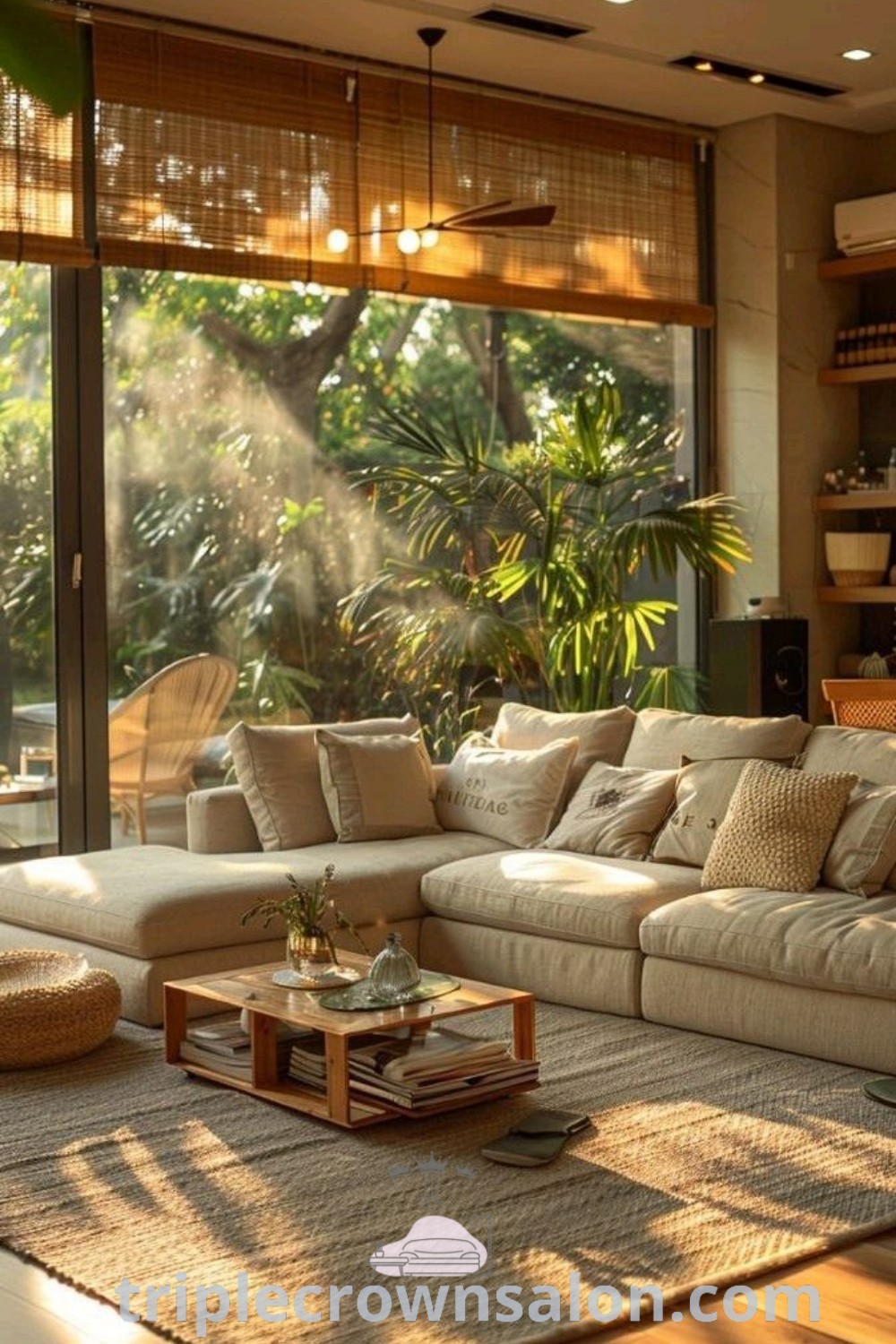 A stylish living room with light brown decor, featuring an I-shaped couch, large windows filled with sunlight, and a wooden coffee table. This cozy home setup offers inspiring ideas for living room designs and decor ideas for small spaces. Explore more inspirations at triplecrownsalon.com.