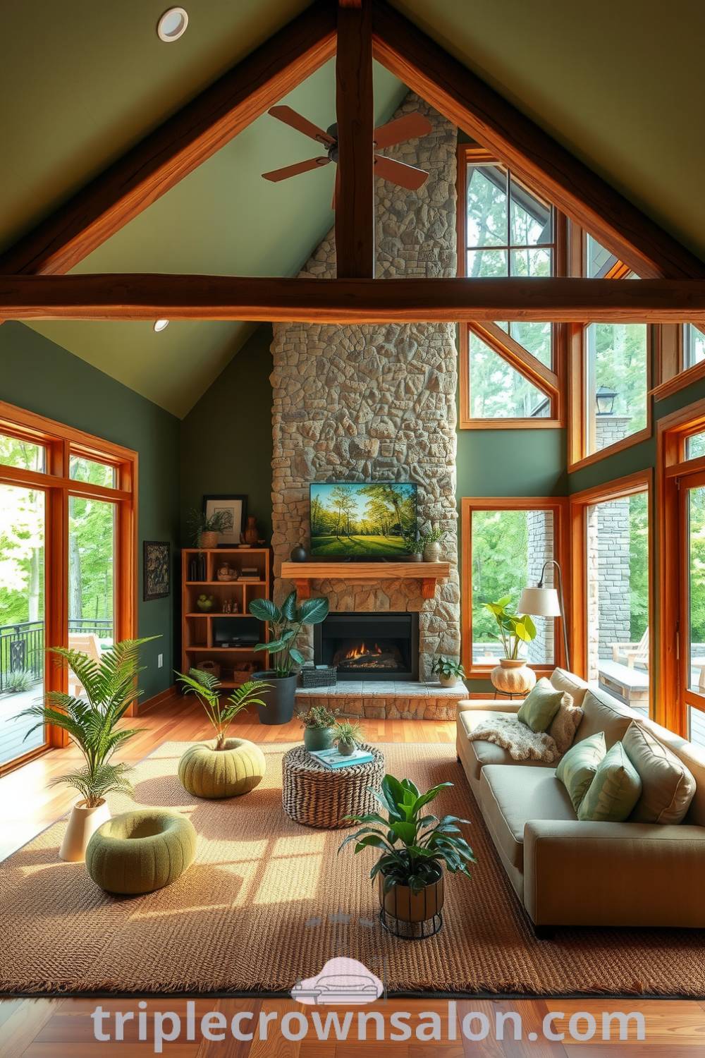 Nature-inspired living room featuring earthy tones, soft green walls, rustic wooden beams, a cozy stone fireplace, large windows with views of greenery, and potted plants, offering cozy ideas and design inspirations for your home on triplecrownsalon.com.
