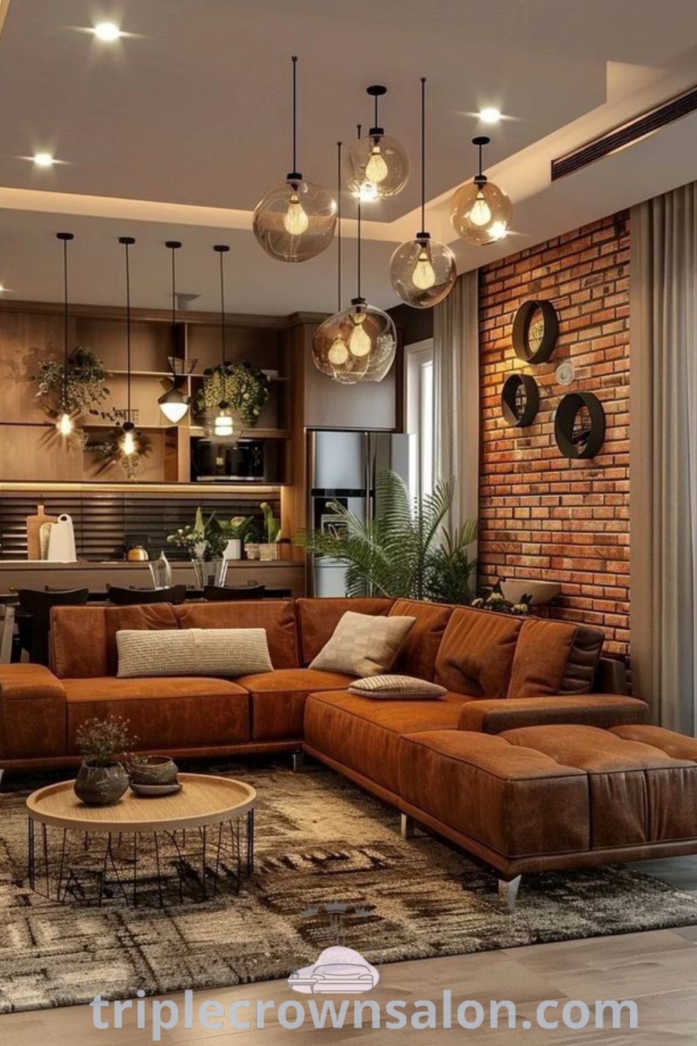A cozy living room with tan walls, modern furniture, and stylish lights hanging from the ceiling. Featuring inspiring living room partition designs and cozy decor ideas for small spaces, this setup provides a comfortable and functional atmosphere. Discover more decor inspirations at triplecrownsalon.com.